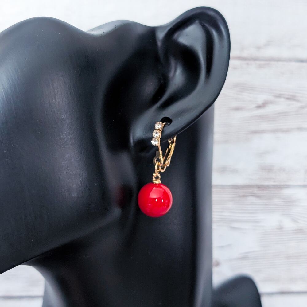 Vintage Earrings For Pierced Ears Red, Gold Tone, Clear Gem